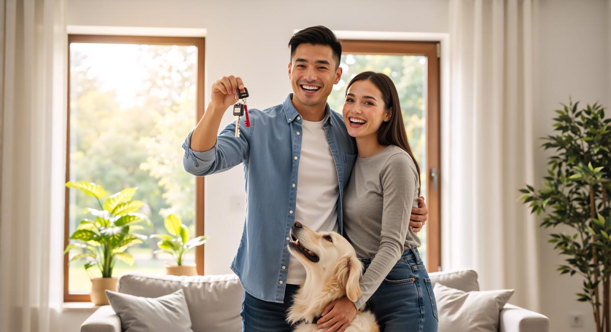 A couple holding house keys, with a dog between them in a living room.