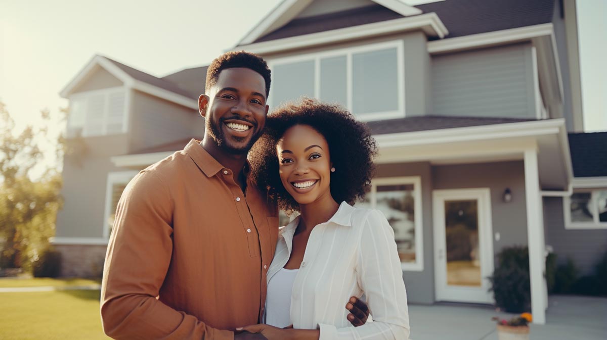 A couple standing in front of a gray two-story house.
