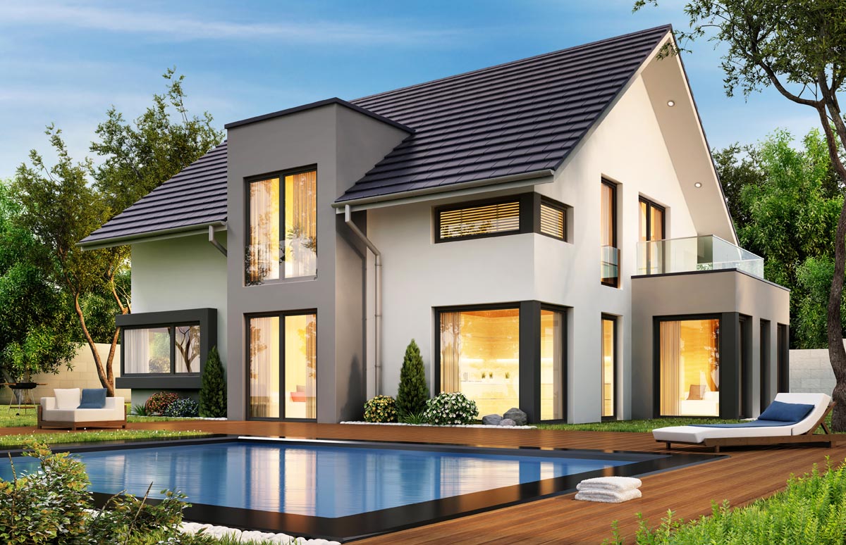 A modern two-story house with a pool and a wood deck.