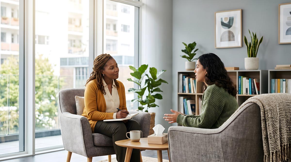Two people talking in chairs by a window, one taking notes.